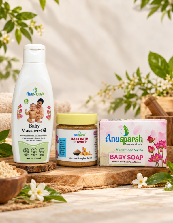 Anusparsh Baby Basic Kit | Baby Massage Oil 100ml, Ayurvedic Baby Bath Powder & Baby Soap